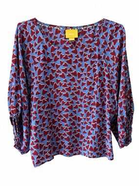 Maeve Anthropologie 100% Silk Heart Print Blouse Medium Blue Red